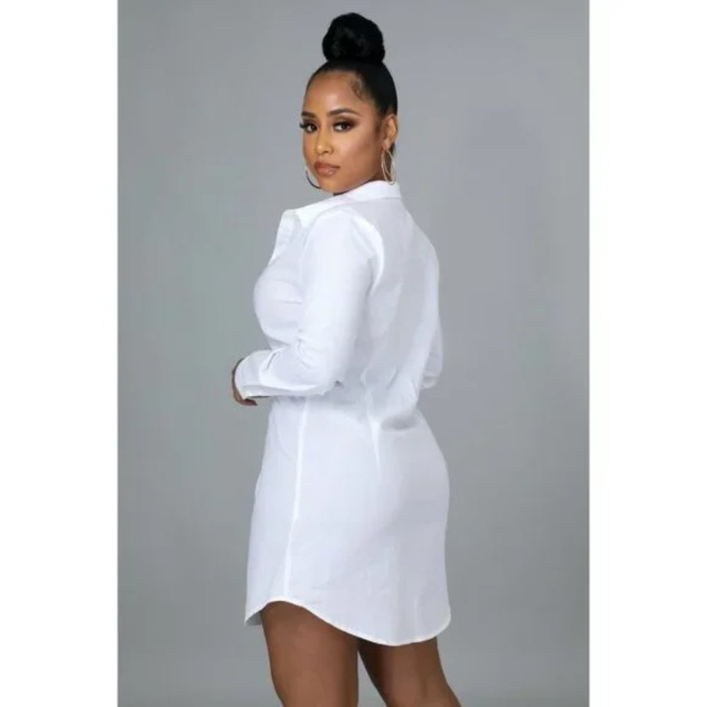 White Long Sleeve Mini Shirt Dress with Black Faux Leather Corset Belt - Picture 8 of 14